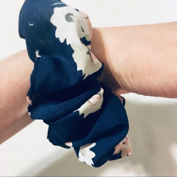 Chiffon Navy Blue Floral Chiffon Scrunchie - Picture 2 of 5